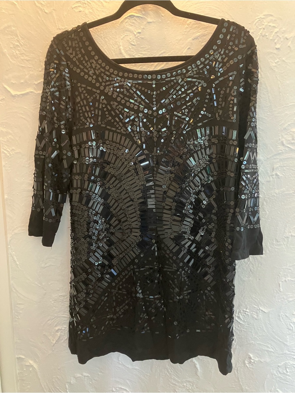 Black Sequin Embellished Mini Dress with Scoop Neck